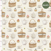 Delicious Cupcake and Tea Time Patterned Digital Printed Fabric in a Picnic Basket